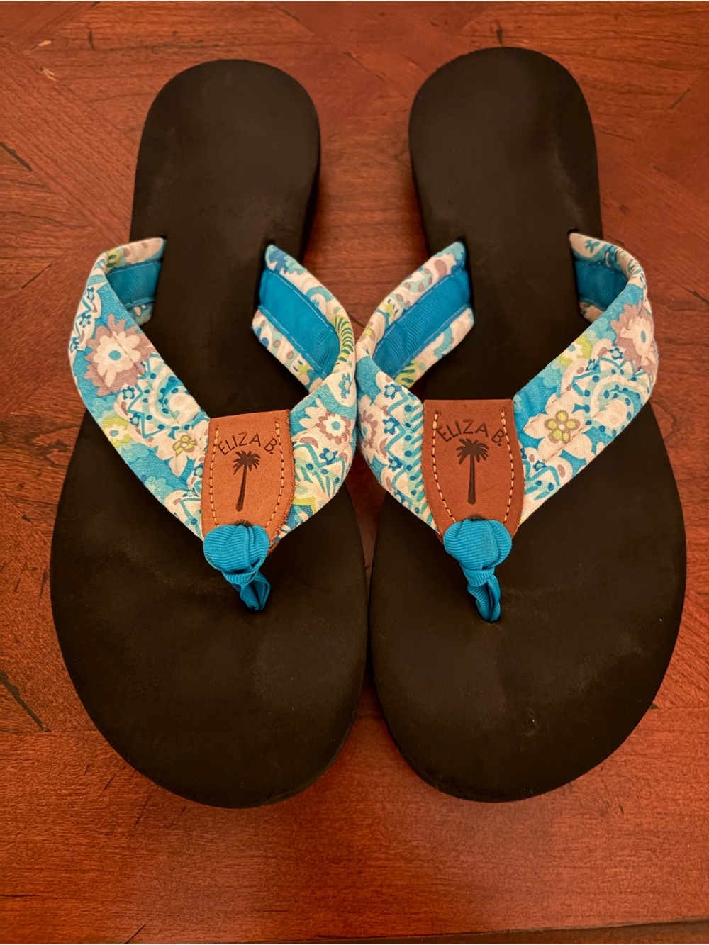 Eliza B. Floral Turquoise Strap Black Sole Flip Flops, size 12 (runs small)